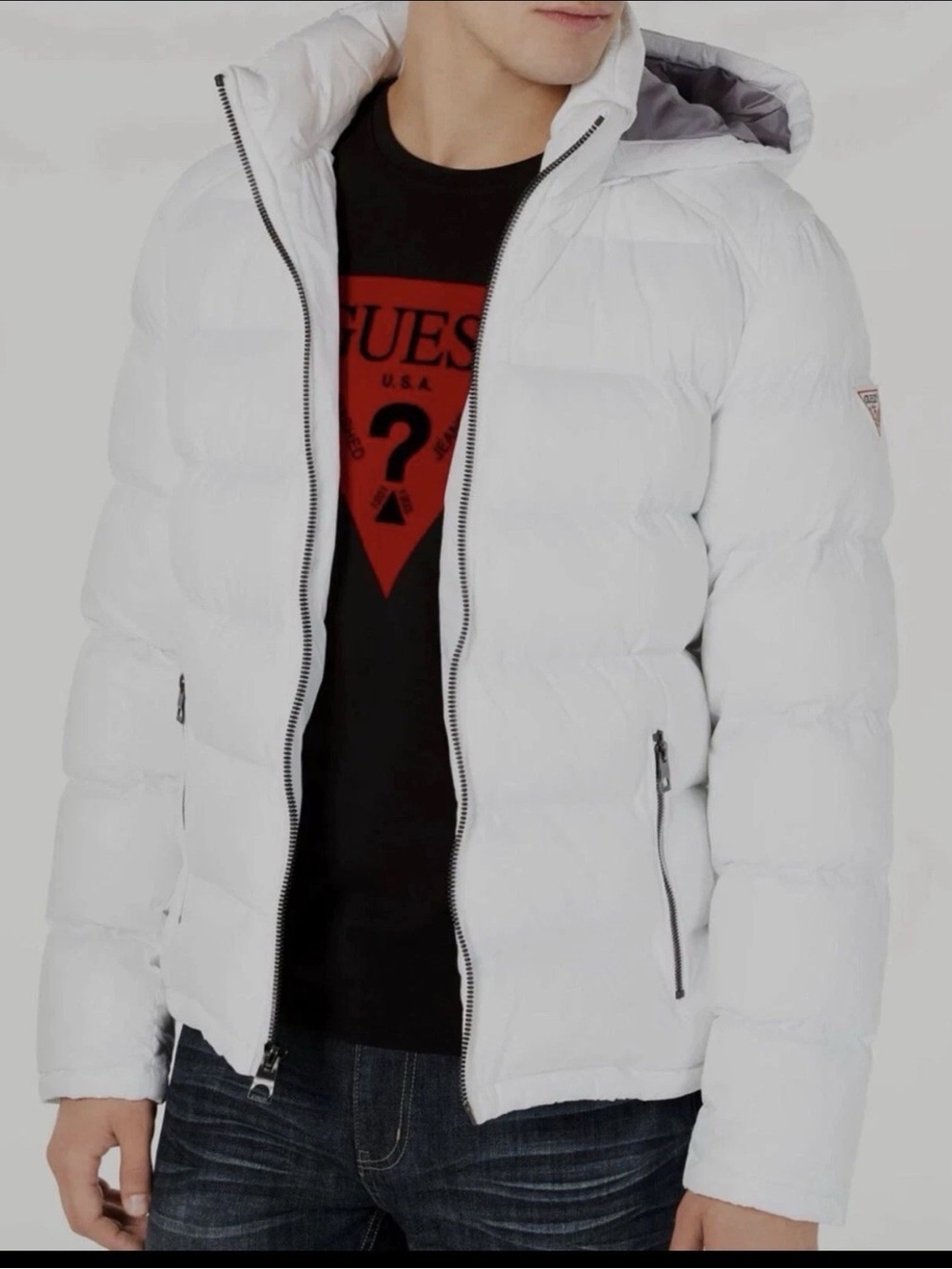 GUESS Los Angeles White Hooded Full Zip Insulated Puffer Jacket Mens SZ.S